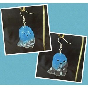 Blue & Clear Resin Halloweens Ghost Earrings with Silver Flakes Hand Crafted